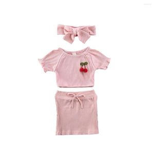 Kleidungssets Kirsche Sommermode Kleinkind Kind Baby Mädchen Rosa geripptes T-Shirt Shorts Outfits Stirnband Grils Kleidungsset