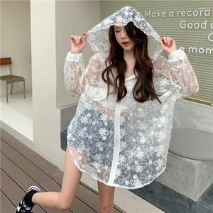 Women's Jackets Lace Flowers Mesh Transparent Stylish Loose Thin Women Sunscreen Coats Hooded Hollow Out Sexy Summer Oversize Florals 290A