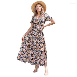 Party Dresses 2023 Women Printed Flowers Long Summer Dress Sexy V-neck Holiday Beach Europe And America Clothes Drop