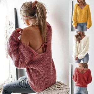 Kadın Sweaters Fashion Sırtsız İçi Boş Çıkış Kazak Kadın V Yastık Uzun Kollu Büyük Kepekli Bahar Antrenman Seksi Gevşek Üstler