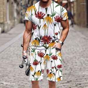 Herrspårar Summer Men Shorts Set 3D Tropical Plant Flowers Print Hawaiian Shirt and Beach Wear Holiday Clothes Two Piece Beachwear