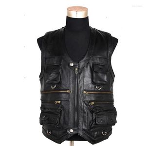 Men's Vests Fashion Men Waistcoat Leisure Sleeveless Jacket Reporters Suit Many Pockets Brown Black Cow Leather Tops