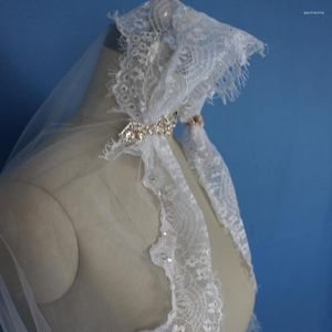 Bridal Veils Chapel Length Wedding One Layer Beaded Jewelry Cap Muslim Mesh Lace Veil For Bride Marriage Accessories