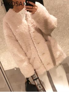 Damenjacken, modisch, pelzig, Plüschmantel, V-Ausschnitt, einreihig, lose Lammwolljacke, Damen-Herbst-Winter, warm, japanische, elegante Oberbekleidung