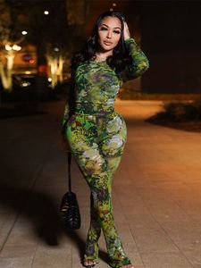 Zweiteilige Damen-Hosen, Kliou Mesh-Blumendruck-Set, atemberaubende Mode, volle Ärmel, Oneck-T-Shirts, hohe Taille, Flare, weibliches Straßenoutfit 230802