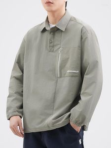 Polos Masculinos 2023 Outono Camisas Polo Manga Longa Moda Coreana Ao Ar Livre no Peito Bolsos com Zíper Soltos Camisetas Casual