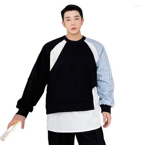 Herrtröjor kontra koreanska trendiga randiga lapptäcke kontrast färg tröja män vår huva brev broderi kvinnor släpp