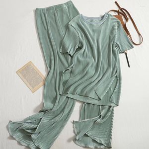 Women's Two Piece Pants Casual Pleated Sets Women Outifits Short Sleeve T-Shirt And High Waist Wide Leg Suit Woman Summer 2 Outfit