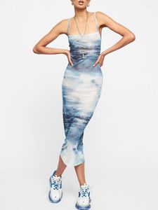 Casual Dresses Women Bodycon Long Dress Sleeveless Square Neck Spaghetti Strap Cloud Print Tank Retro Y2K Elegant Party Sundress Street