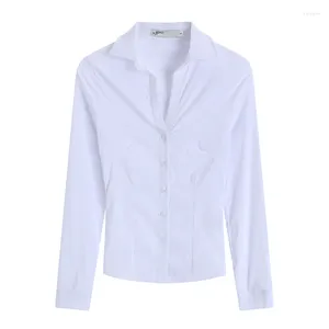 Women's Blouses OL Style White Long Sleeved Thin Shirt Spring Autumn Chic Young Girl Sexy Slim Fit Polo Neck Single Breasted T-shirt