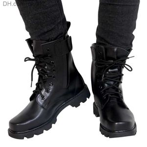Boots Steel Toe Men's Military Boots Leather Safety Shoes Men's Spring Fashion Lace Black Ankle Platform Motorcycle Boots Z230803