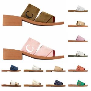 Designer Woody Sandálias Mulheres Sandália de Praia Mules Flat Slides Bege Claro Branco Preto Rosa Renda Tecido Letras Chinelos de Lona Sapatos Femininos de Verão L3