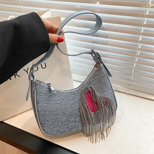 Women's Fashion Personalized Love Denim Blue Shoulder Bag Trend Diamond Heart Tassel Design Handbags For Women