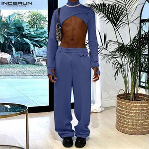 Mens Tracksuits Moda Homens Conjuntos Streetwear Turtleneck Manga Longa Irregular Crop Tops Calças 2 PCS Sólidos Ternos Casuais S5XL Incerun 230803