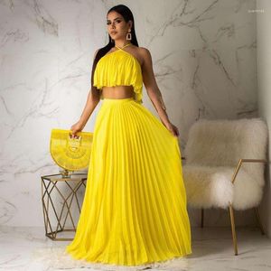 Work Dresses Solid Pleated Sexy Halter Backless Tops Bohemian Skirt Suit Women Two Piece Set Summer Off Shoulder Ladies Party Dinner Outfits