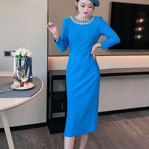 Avustralyalı Tasarımcı Elbise Erken Sonbahar Kadın Tasarımcı Giyim İnce Fit Çanta kalçaları, Noble mizaç, çivili uzun kollu mavi elbise 8