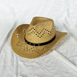 Kıvrılmış ve yükseltilmiş kenar güneş kremi plajı ile el yapımı içi boş şapka kovboy geniş ağzı şapka