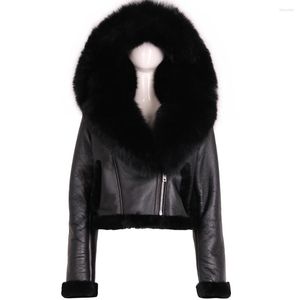 Women's Leather YOLOAgain Oversized Removable Hat Hooded Lamb Fur Shearling Jacket Women Winter Warm Genuine Cropped Ladies