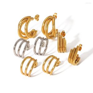 Hoop Earrings Chunky Triple 18K Gold Plated Stainless Steel Fine Jewelry Minimalist Bold Three Layer Line For Women