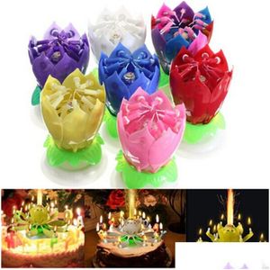 Gift Wrap Blossom Music Singing Double Layer Rotating Lotus Disc Base Cake Candle Happy Birthday Diy Decoration Wedding Party Gifts Dhiqu