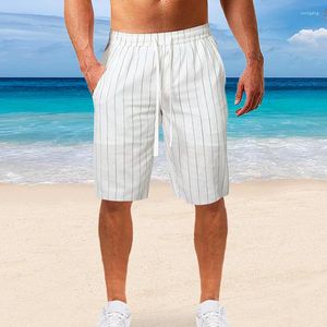 Herrshorts vertikala rand tie rep elastisk midja bomull linne strandkläder mitt casual badkläder