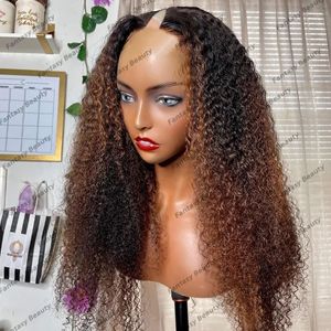 Afo Kinky Curly Ombre Brown 250Density 1x4 U Part Human Hair Wigs for Black Women Glueless Long Highlight Blonde V Part Wigs