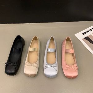 Dress Shoes Spring Women Flat Heels Pink Ballet Shoes Retro Silk Mary Jane Shoes Silver Casual Bow Ties Ladies squared toe Single Shoe 230802