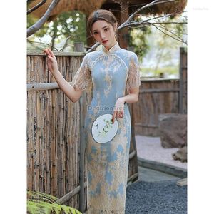 Etniska kläder 2023 kinesisk förbättrad stil spets lång cheongsam sexig snäv elegant blå qipao klänning retro kvinnor delad sommar g564