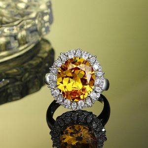 Hot Sales European and American Full Diamond Wedding Engagement Citrine Ring S925 Silver Female Light Luxury Glitter Jewelry