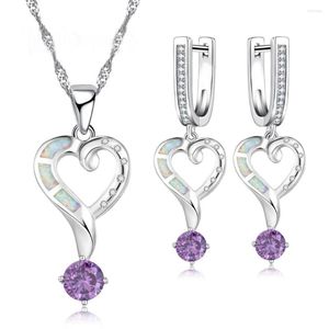 Necklace Earrings Set Fashion Love Heart Jewelry For Women Imitation White Fire Opal Purple Crystal Pendant Wedding