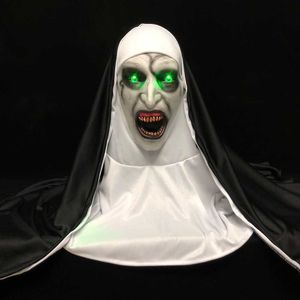 Party Masks LED Horror Nun Mask Cosplay Scary Latex Masks With Headscarf LED Light Halloween Party Pests Deluxe L230803