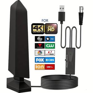 Antena de TV interna poderosa com alcance de mais de 400 milhas - Suporta 8K, 4K, Full HD, TVs inteligentes e mais antigas - Reforço de sinal incluído