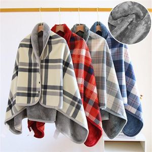 Blankets SEIKANO Thick Plaid Blanket Warm Winter Wearable Adults Office Travel Soft Fleece Throw With Button Home Shawl 230802