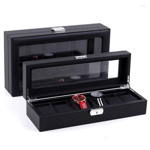 Titta på lådor 6/12 Slots Black Pu Leather Box Holder Case Fashion Smyckesorganisation Glas Topp Displaygåva