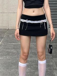 Röcke 2023 Sexy Dark Lolita Gothic Kwaii Spitzenbesatz Mini Y2k Mädchen Niedliche Schleife Up Low Waist Rock Frauen Skinny Club Sommerböden