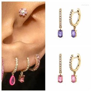 Hoop Earrings 925 Sterling Silver Needle Pink/Purple Crystal Pendant For Women Personalized Zircon Edging 2023 Jewelry