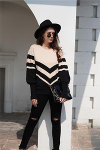 Kadın Sweaters H80S90 Sonbahar Kış Kazan Kazançlı Kazak Moda Çizgili O-Beeck Gömlek Patchwork Gevşek Uzun Kollu Külot Kadın Tops
