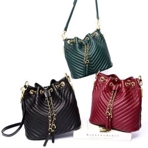 High Quality Leather Bucket Bag for Women New Top Layer Embossed Cowhide Embroidered Drawstring Wide Shoulder Strap Single Shoulder Diagonal Cross Bag Fashionable