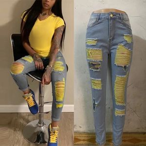 Calça Jeans Feminina Calça Jeans Rasgadas para Mulheres Amarelo Arranhado Calça Lápis Cintura Alta Elástico Magro Oco Out Sexy Jeans Feminino Mujer 230803