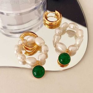 Charm Brass Vintage Green Stone Natural Pearl Earrings Women Jewelry Party Boho T Show Gown Runway Rare Korean Japan Trendy L230804