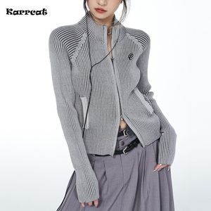 Women's Knits Tees Karrcat Vintage Ribbed Cardigan Grunge Embroidery Knitted Sweater Jackets Y2k Aesthetics Zipper Coat American Style Streetwear 230803