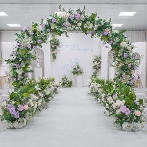 Dekorativa blommor Anpassade lila gröna serier Bröllop Floral Row Arrangement Corner Flower Utanför party Stage Layout Decor Road Lead