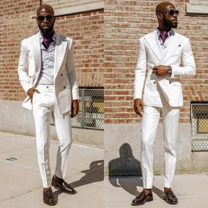Men's Suits Wedding Suit For Men White Double-Breasted Blazer Sets Slim Custome Groomsmen Groom Satin Elegant Dress Tuxedo 2 Pcs Coat Pant