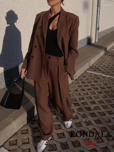 Women's Two Piece Pants KONDALA Vintage Solid Brown Office Lady Spring Chic Women Suits Fashion 2023 Long Sleeve Oversized Blazer Wide Leg