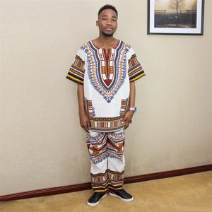Ubranie etniczne biały garnitur dashiki drukowane afrykańskie bohemian mody i spodnie z krótkim rękawem zestaw do men237k