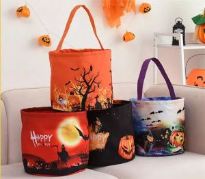 Halloween godis hink med ledande ljus halloween korg trick eller behandla väskor återanvändbar tygväska pumpa godis presentkorgar för barn festtillförsel