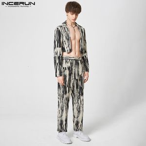 Mens Tracksuits Men Set Tryck på Streetwear Lapel Long Sleeve Open Stitch Crop Tops Blazer Pants 2st Fashion Casual Suits Incerun 230803