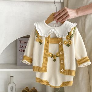 Clothing Sets Toddler Baby Girls Clothes Suit Flower Embroidery Long Sleeved Knitted Cardigan Jumpsuit Autumn Spring Children Set 230802