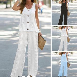 Women's Two Piece Pants Casual Loose Hollow O Neck Button Solid Outfits Women Sleeveless Tank And Long Suits Commute Fashion Sets