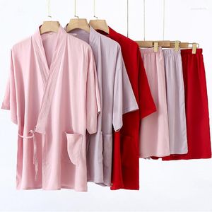 女性用スリープウェア日本の着物半袖ショーツパジャマセットコットンサマーホーム服ゆるい女性スーツ